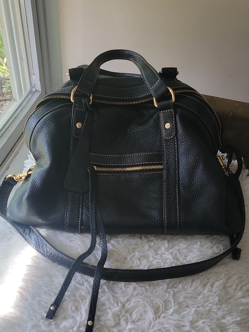 Black Leather Satchel Bag with Gold Hardware